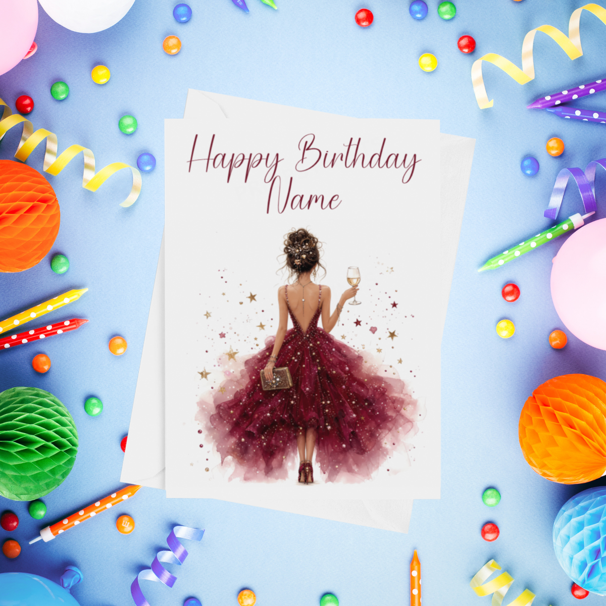 Woman in Pretty Dress with Drink Personalised Birthday Card