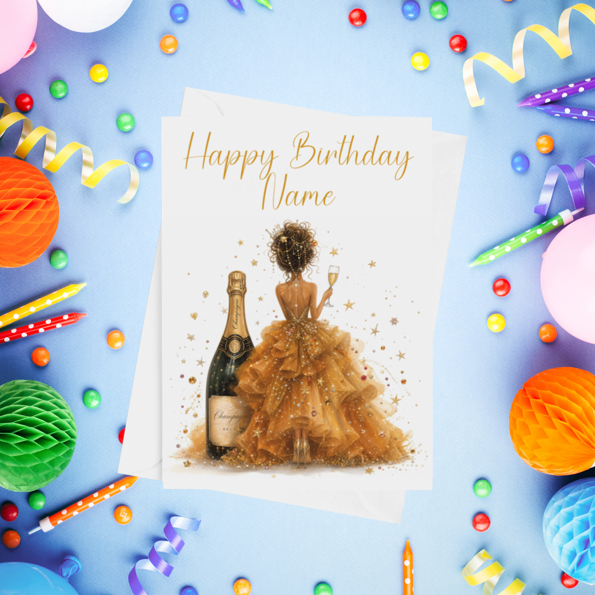 Woman in Pretty Dress with Drink Personalised Birthday Card