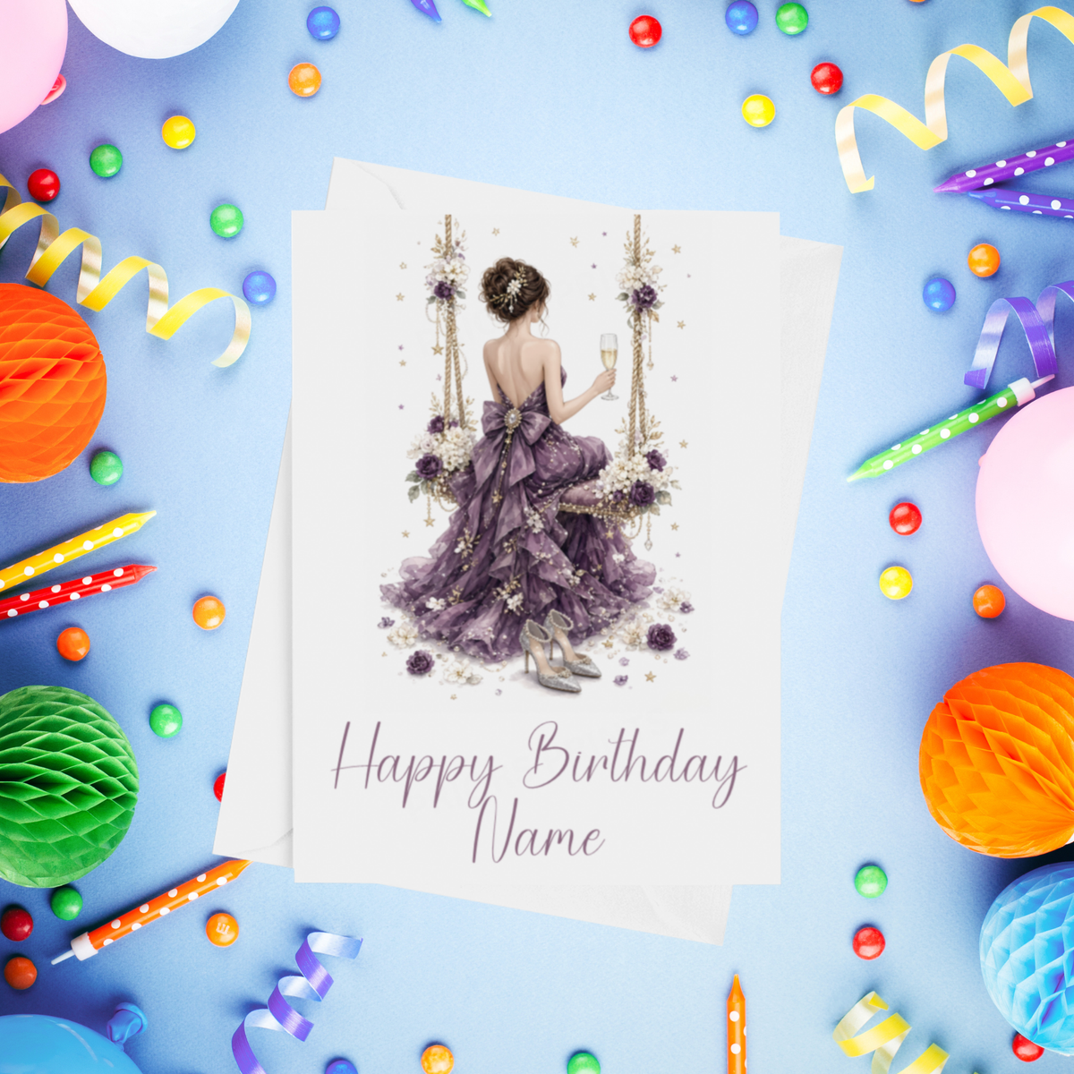 Woman in Pretty Dress on a Swing Personalised Birthday Card