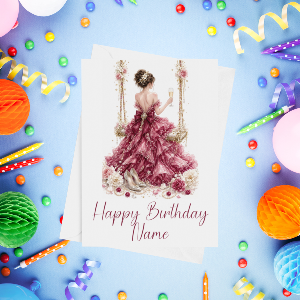 Woman in Pretty Dress on a Swing Personalised Birthday Card