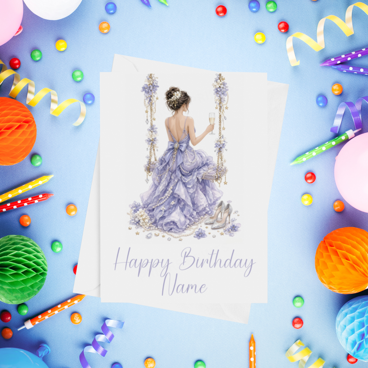 Woman in Pretty Dress on a Swing Personalised Birthday Card