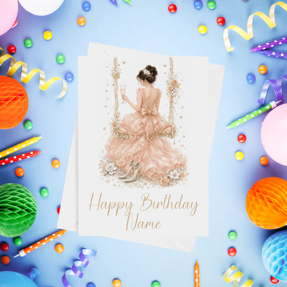 Woman in Pretty Dress on a Swing Personalised Birthday Card