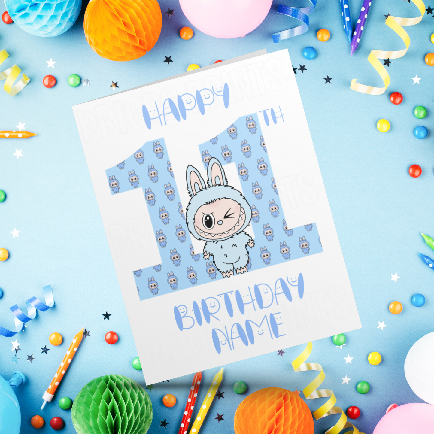 Personalised Labubu Birthday Card with Age 5-20 Years- Blue