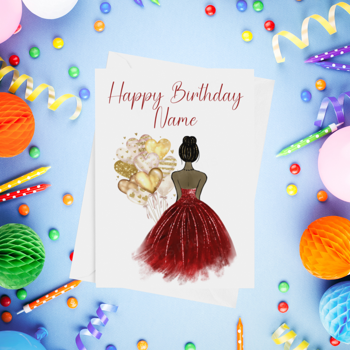 Pretty Dress in Red Personalised Birthday Card with Choice of Some Skin & Hair Colours