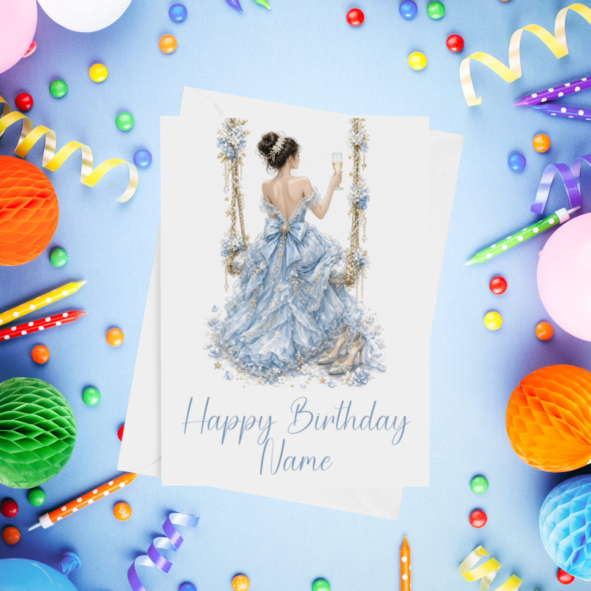 Woman in Pretty Dress on a Swing Personalised Birthday Card