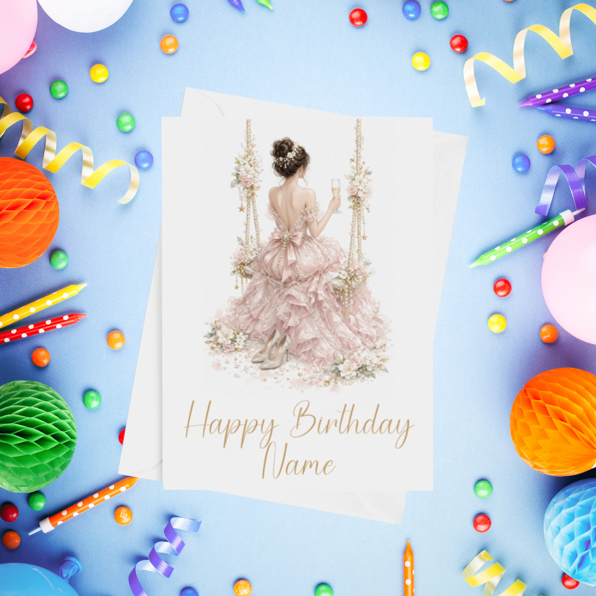 Woman in Pretty Dress on a Swing Personalised Birthday Card