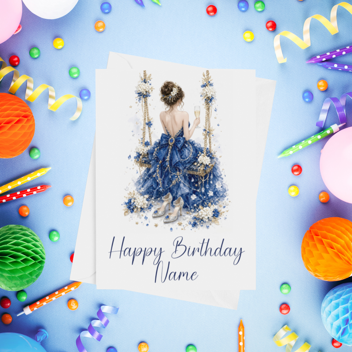 Woman in Pretty Dress on a Swing Personalised Birthday Card