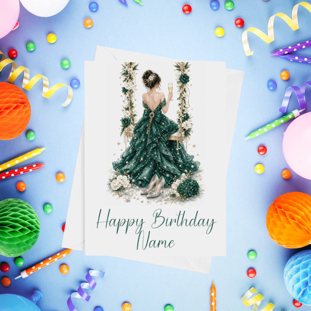 Woman in Pretty Dress on a Swing Personalised Birthday Card