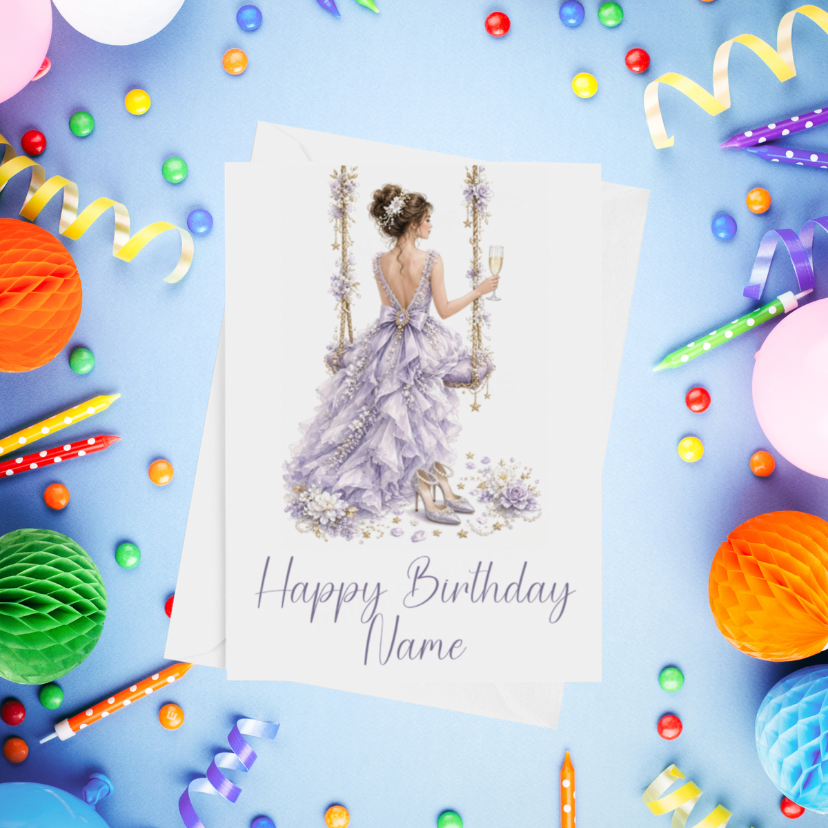 Woman in Pretty Dress on a Swing Personalised Birthday Card
