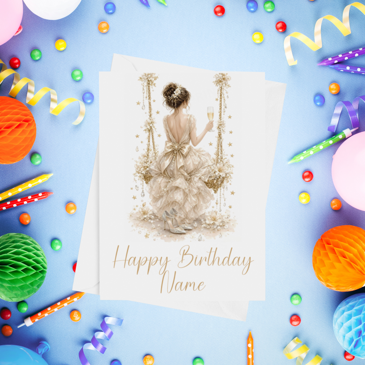 Woman in Pretty Dress on a Swing Personalised Birthday Card