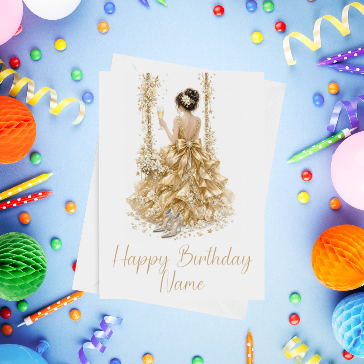 Woman in Pretty Dress on a Swing Personalised Birthday Card