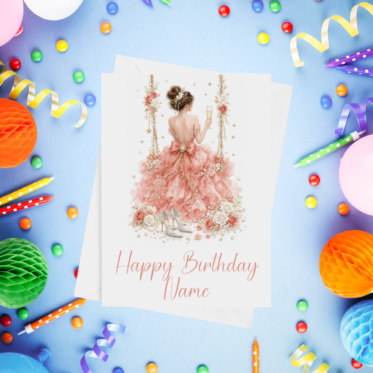 Woman in Pretty Dress on a Swing Personalised Birthday Card