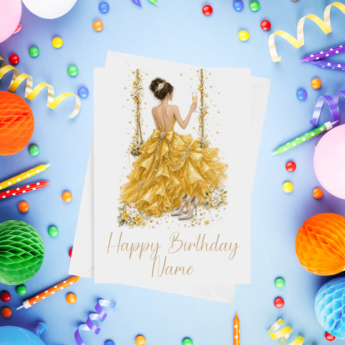 Woman in Pretty Dress on a Swing Personalised Birthday Card