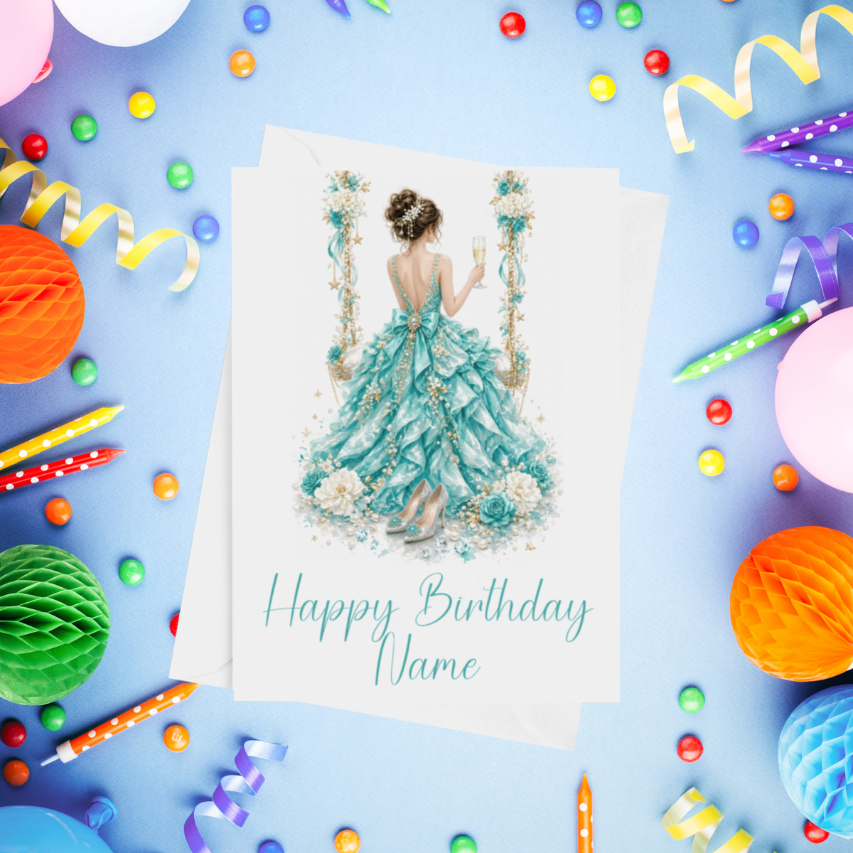 Woman in Pretty Dress on a Swing Personalised Birthday Card