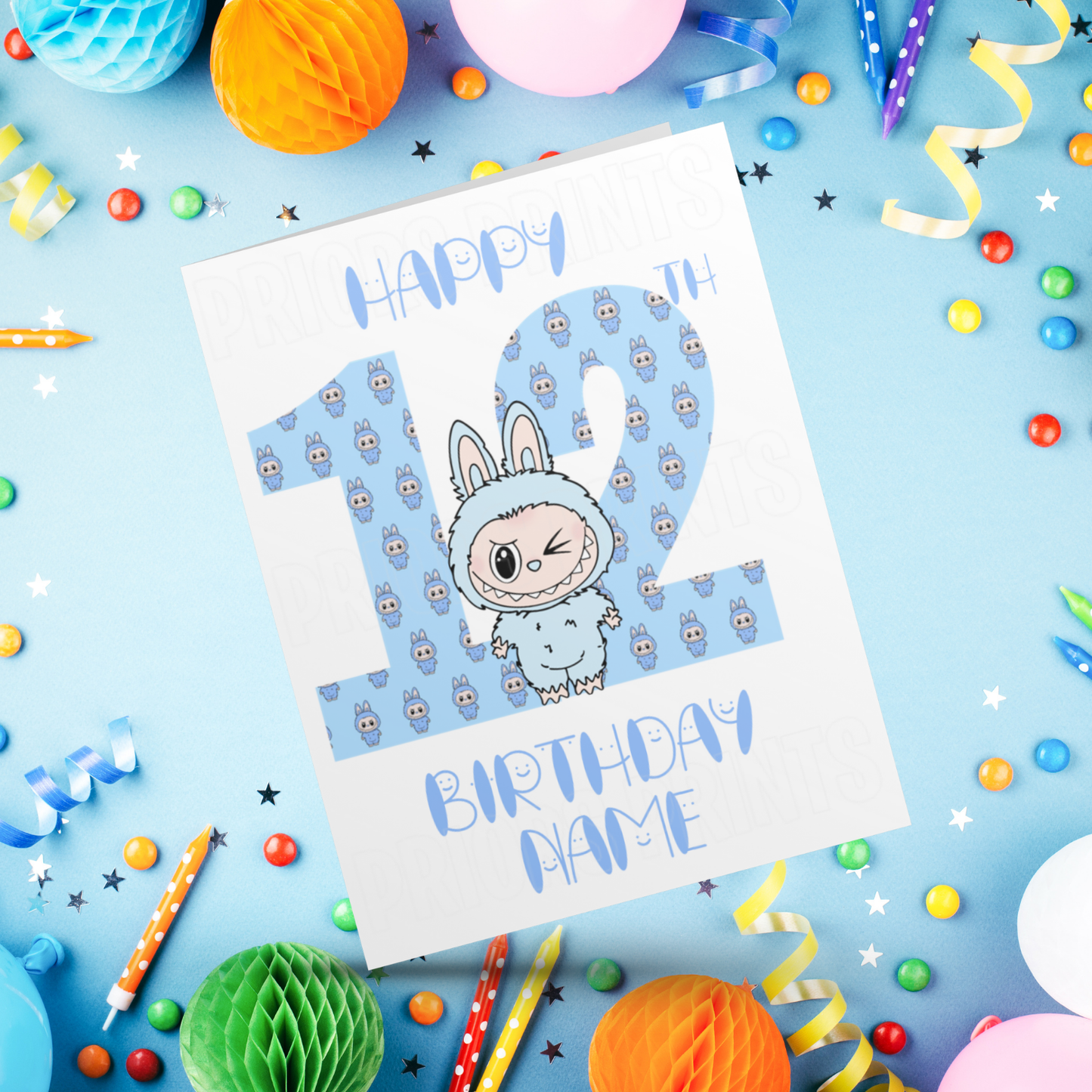 Personalised Labubu Birthday Card with Age 5-20 Years- Blue