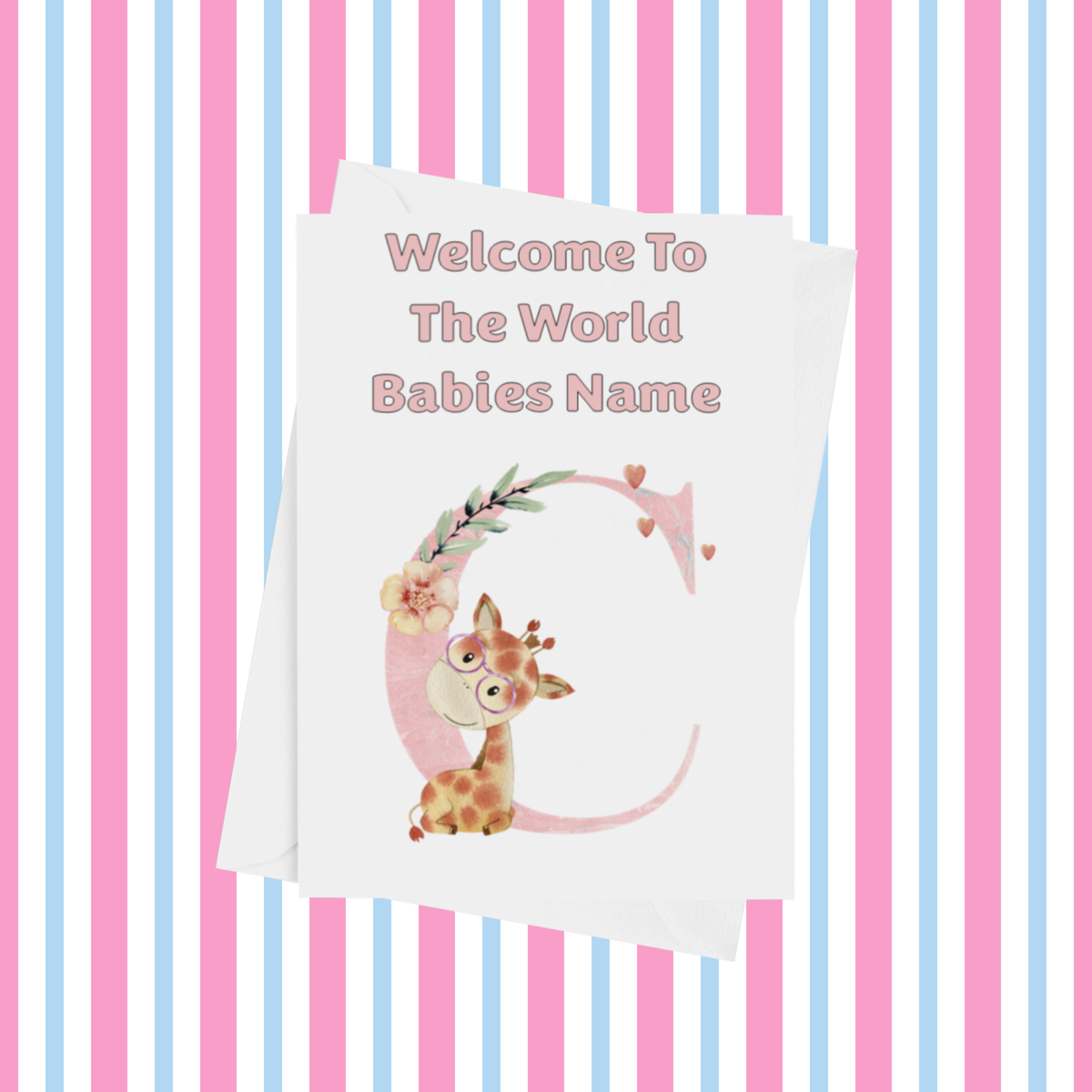 Welcome To The World Giraffe Personalised Card for New Baby in Pink