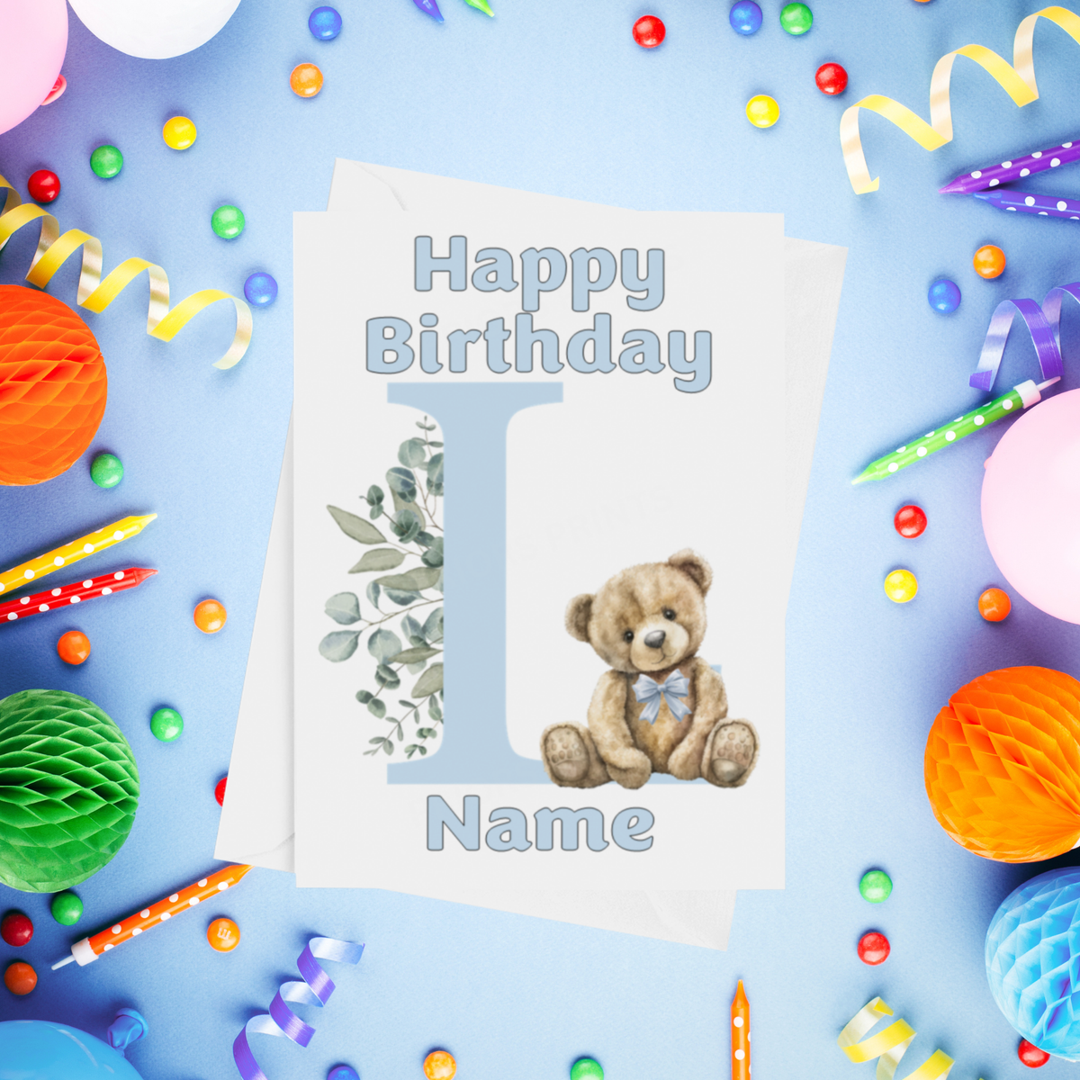 Cute Blue Alphabet Bear Personalised Birthday Card