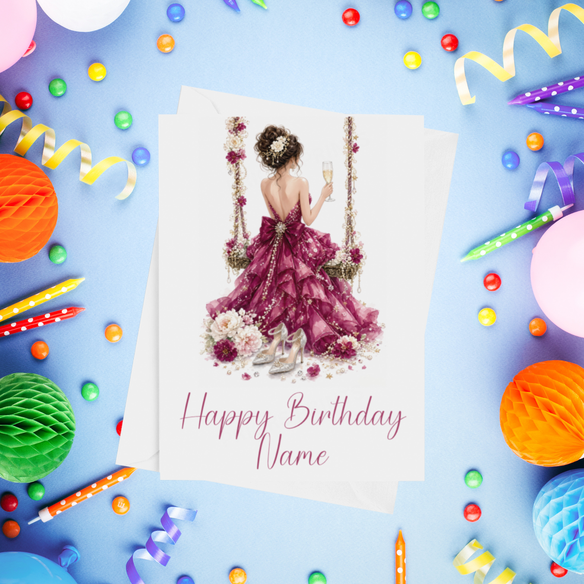 Woman in Pretty Dress on a Swing Personalised Birthday Card