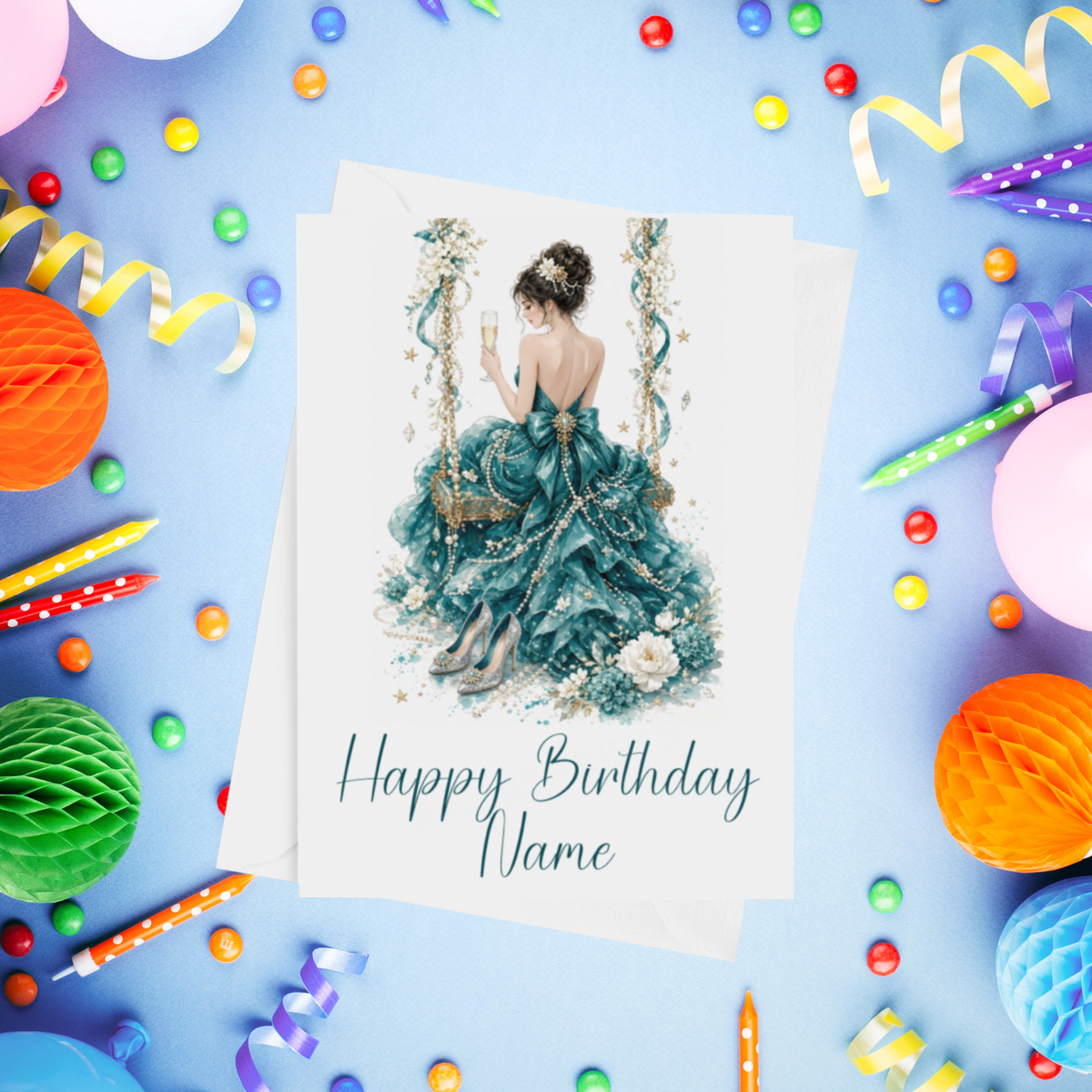 Woman in Pretty Dress on a Swing Personalised Birthday Card