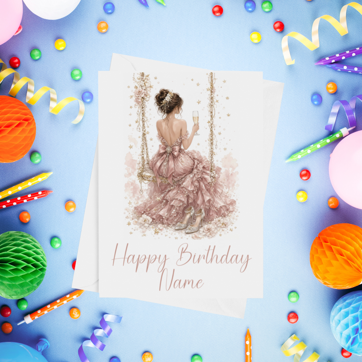 Woman in Pretty Dress on a Swing Personalised Birthday Card