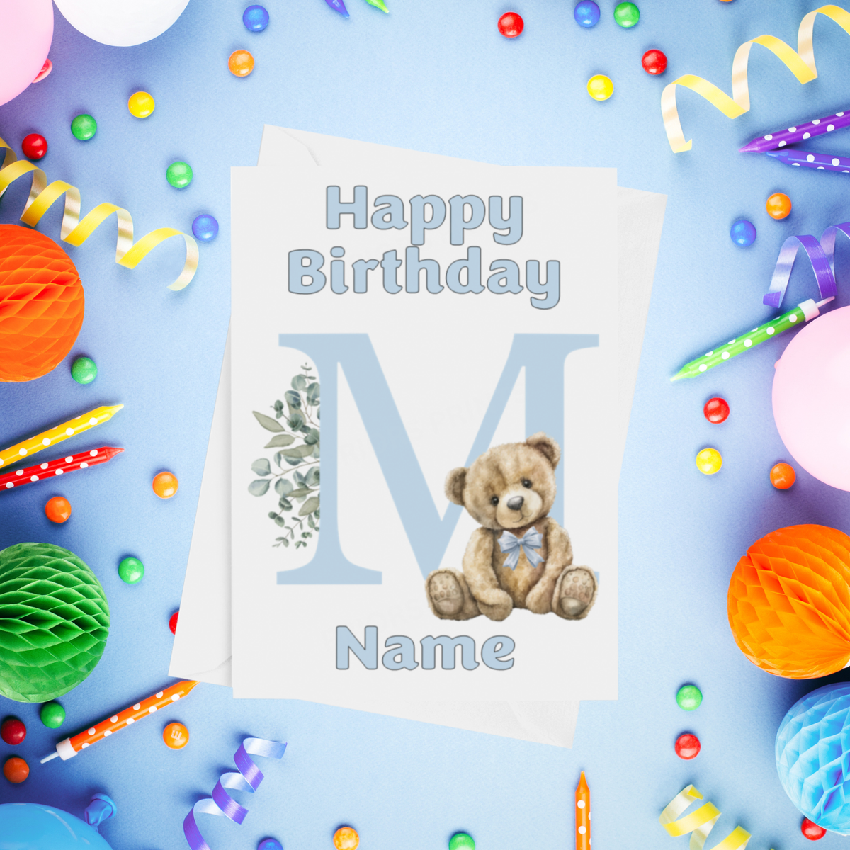 Cute Blue Alphabet Bear Personalised Birthday Card