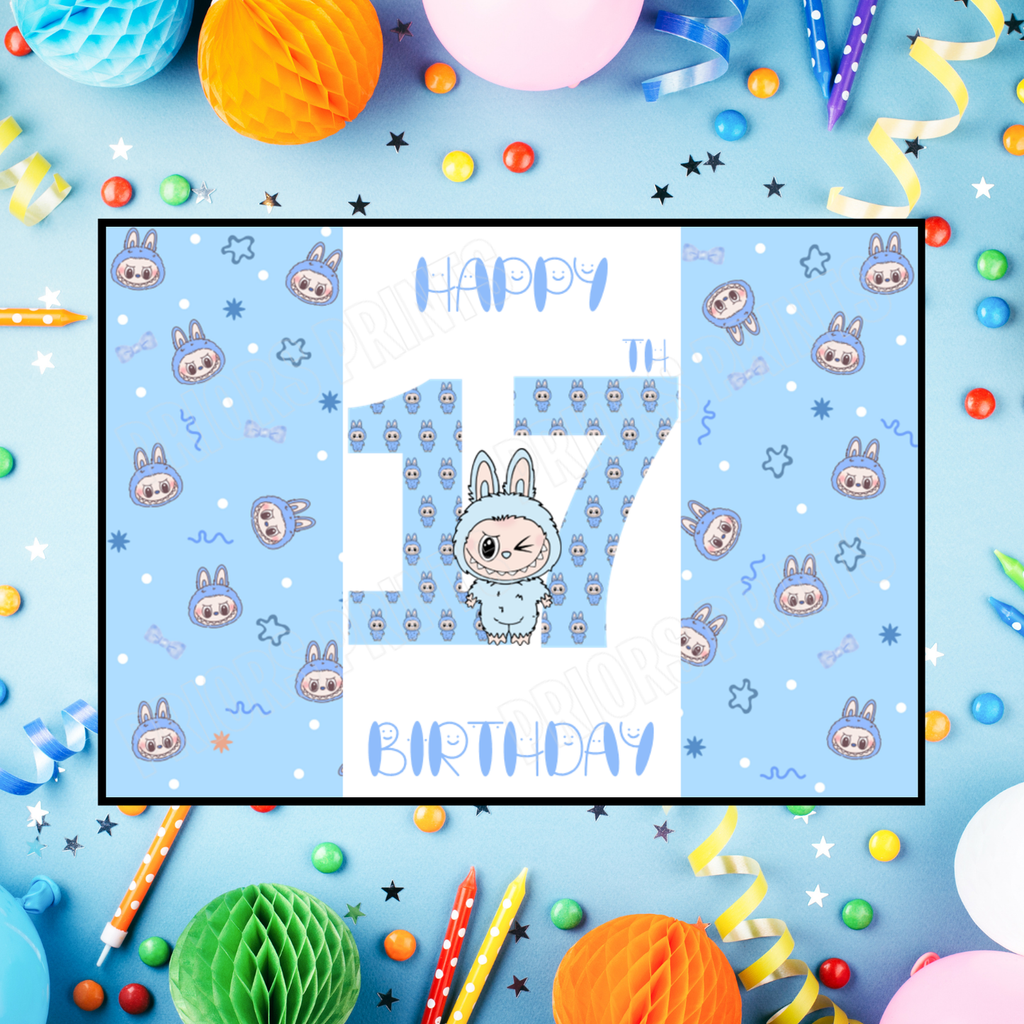 Blue Labubu Birthday Chocolate Bar Wrapper with Age 5-20 Years (Matches Cards)