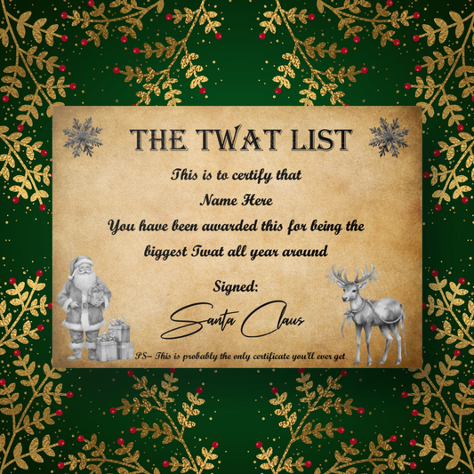 A4 Vintage Christmas Twat or Cunt List Certificate
