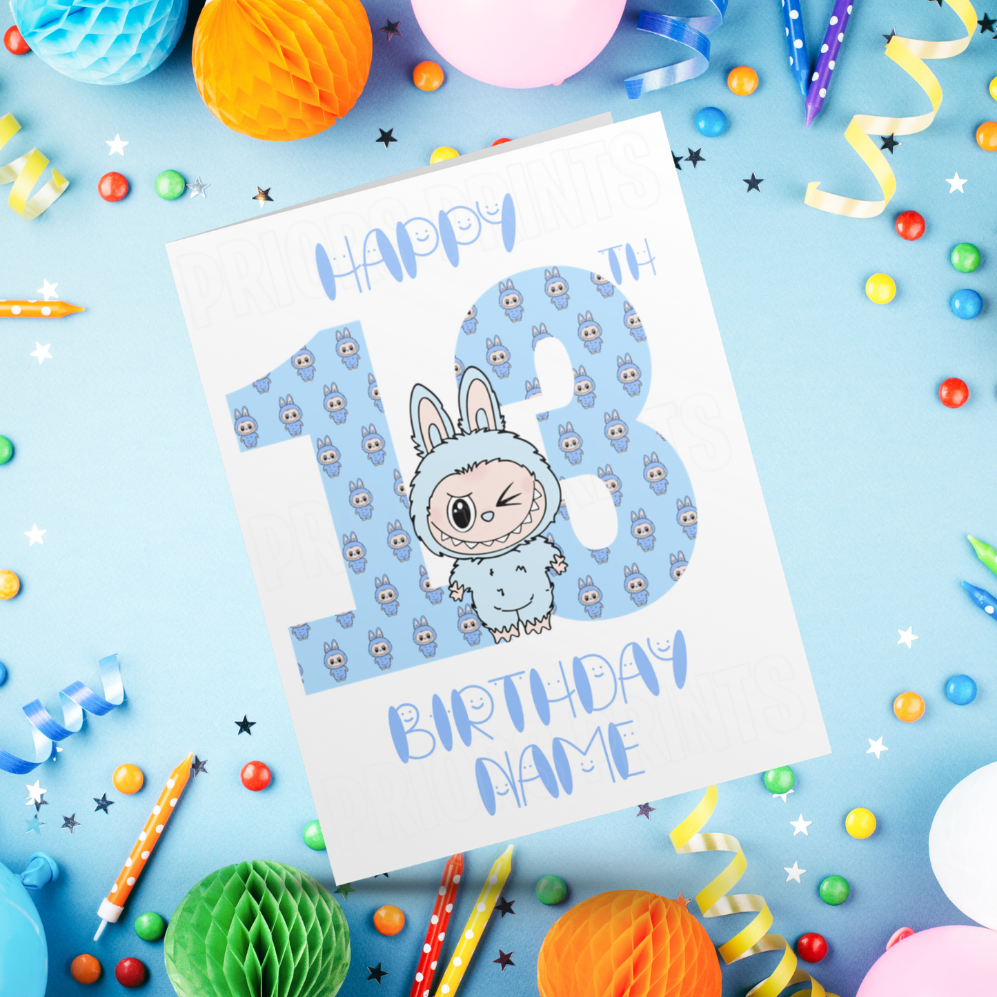 Personalised Labubu Birthday Card with Age 5-20 Years- Blue