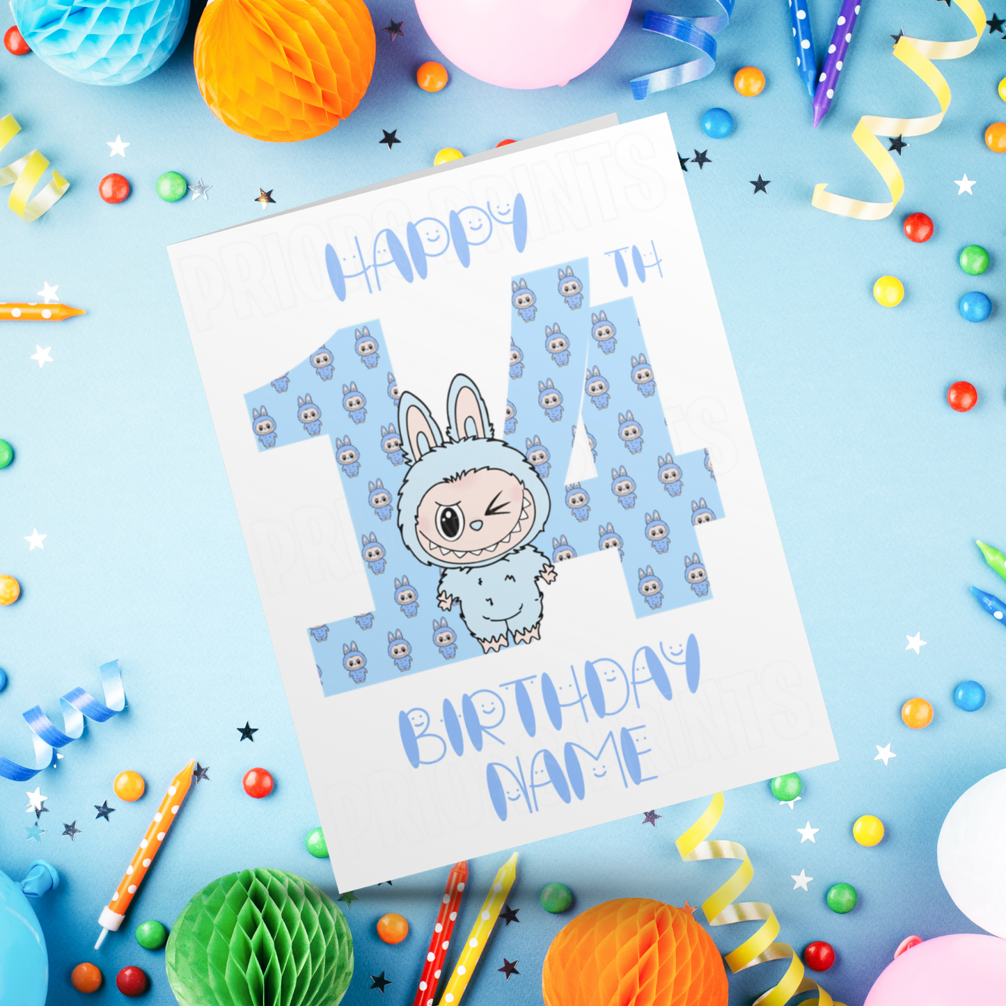 Personalised Labubu Birthday Card with Age 5-20 Years- Blue