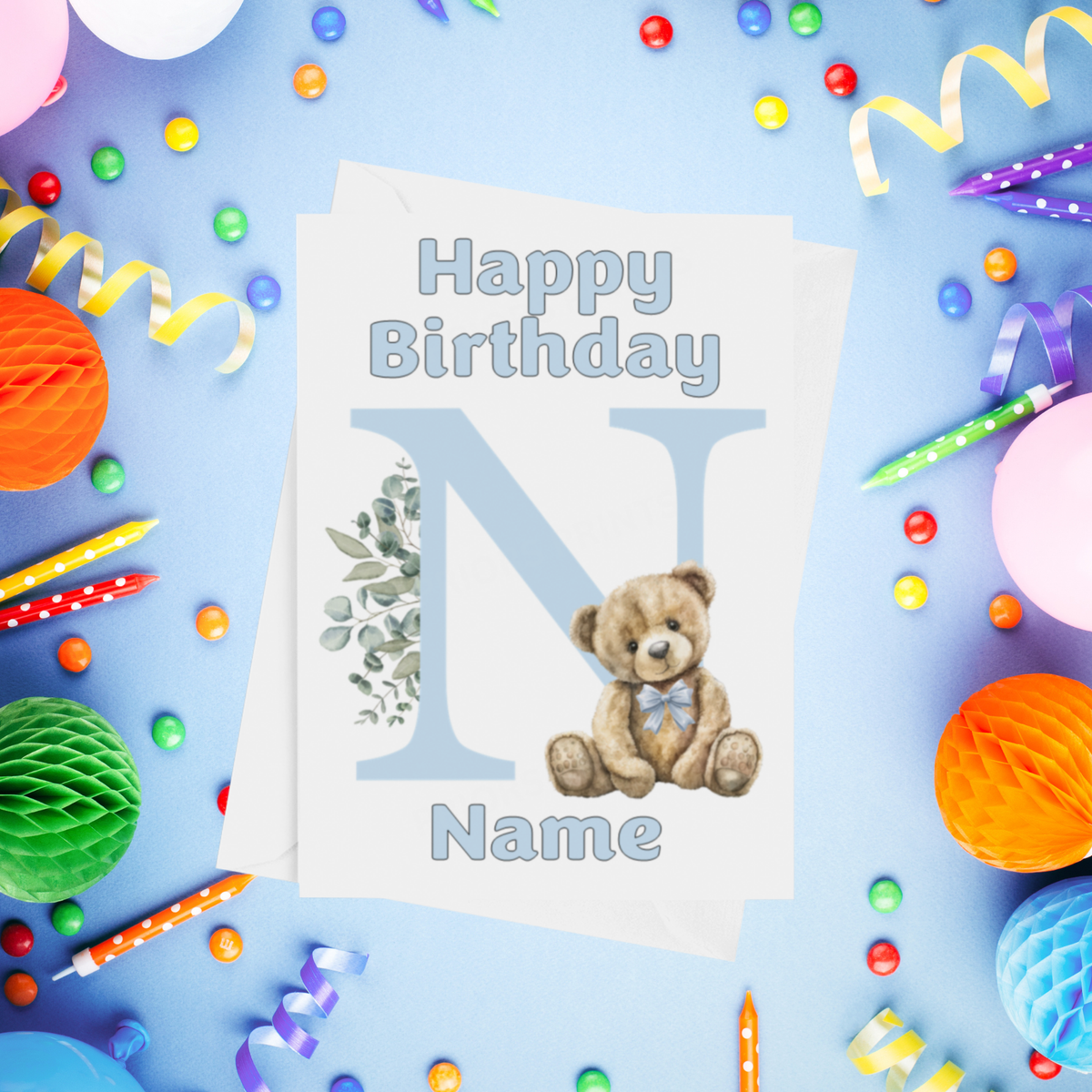 Cute Blue Alphabet Bear Personalised Birthday Card