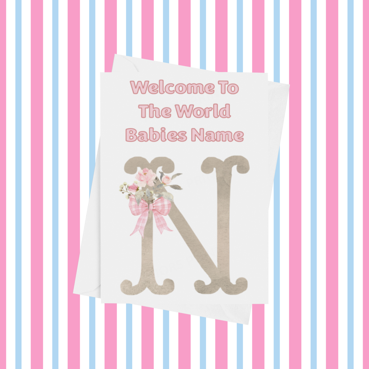 Welcome To The World Personalised Card for New Baby Bow in Pink