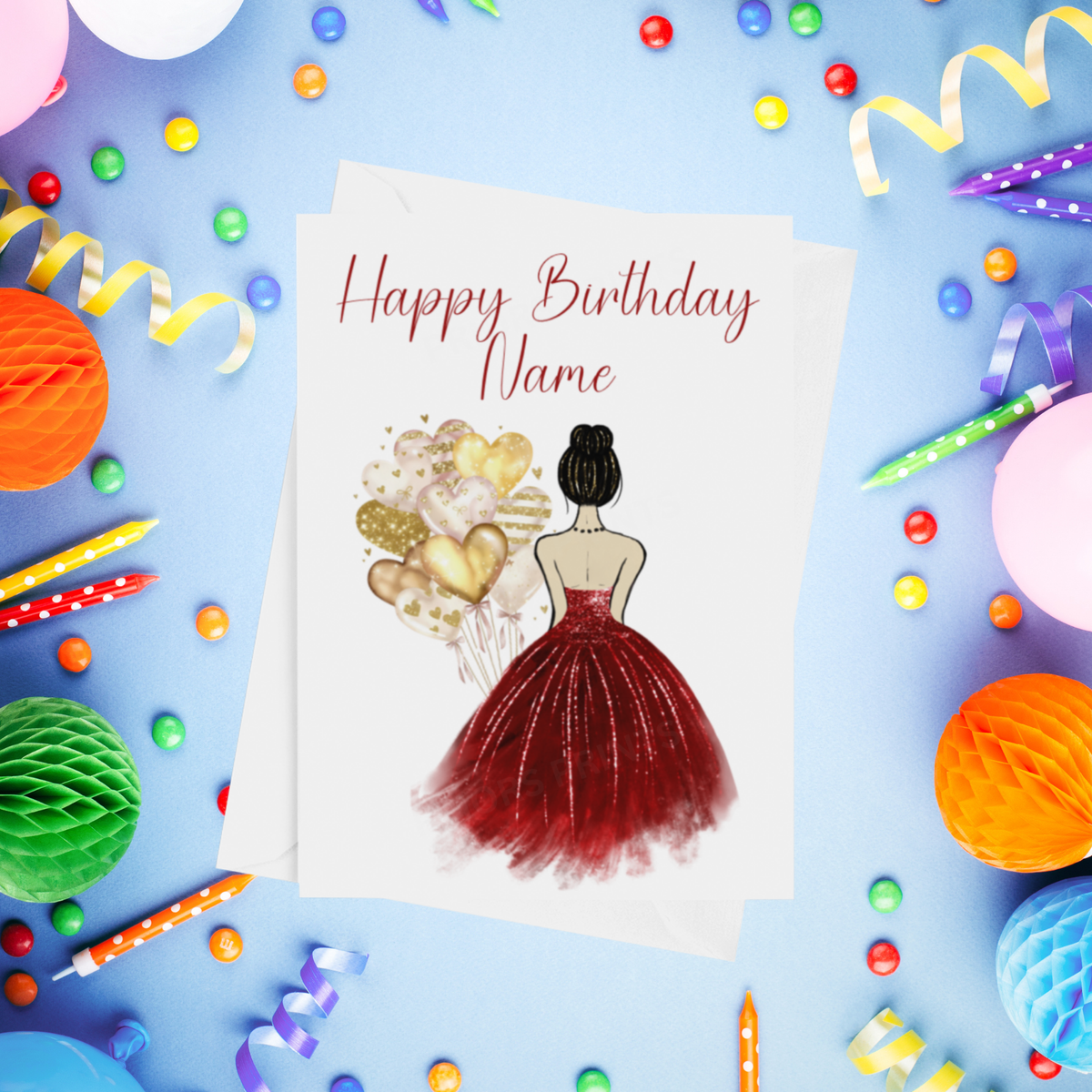 Pretty Dress in Red Personalised Birthday Card with Choice of Some Skin & Hair Colours