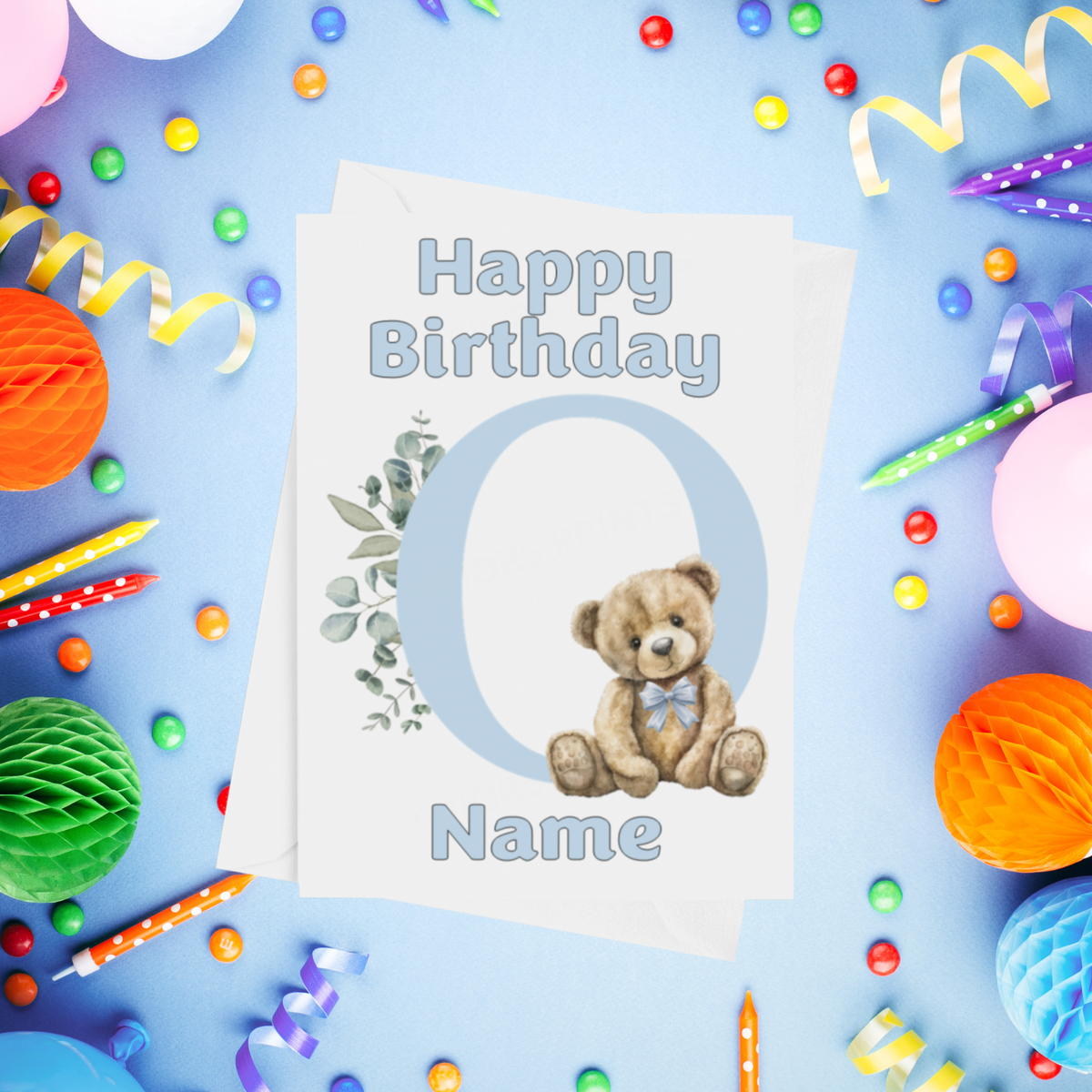 Cute Blue Alphabet Bear Personalised Birthday Card