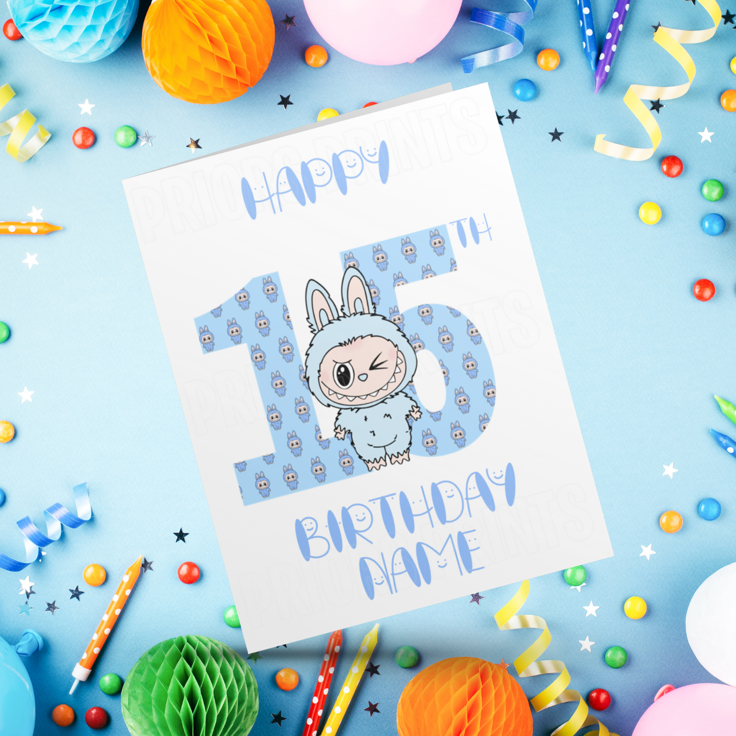 Personalised Labubu Birthday Card with Age 5-20 Years- Blue