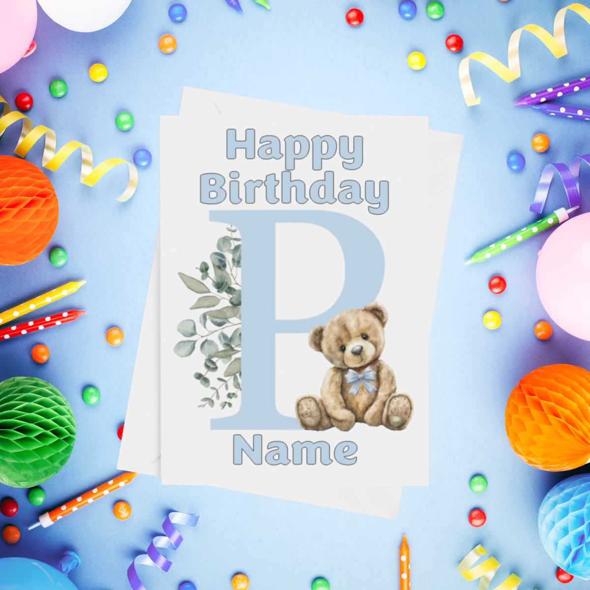 Cute Blue Alphabet Bear Personalised Birthday Card