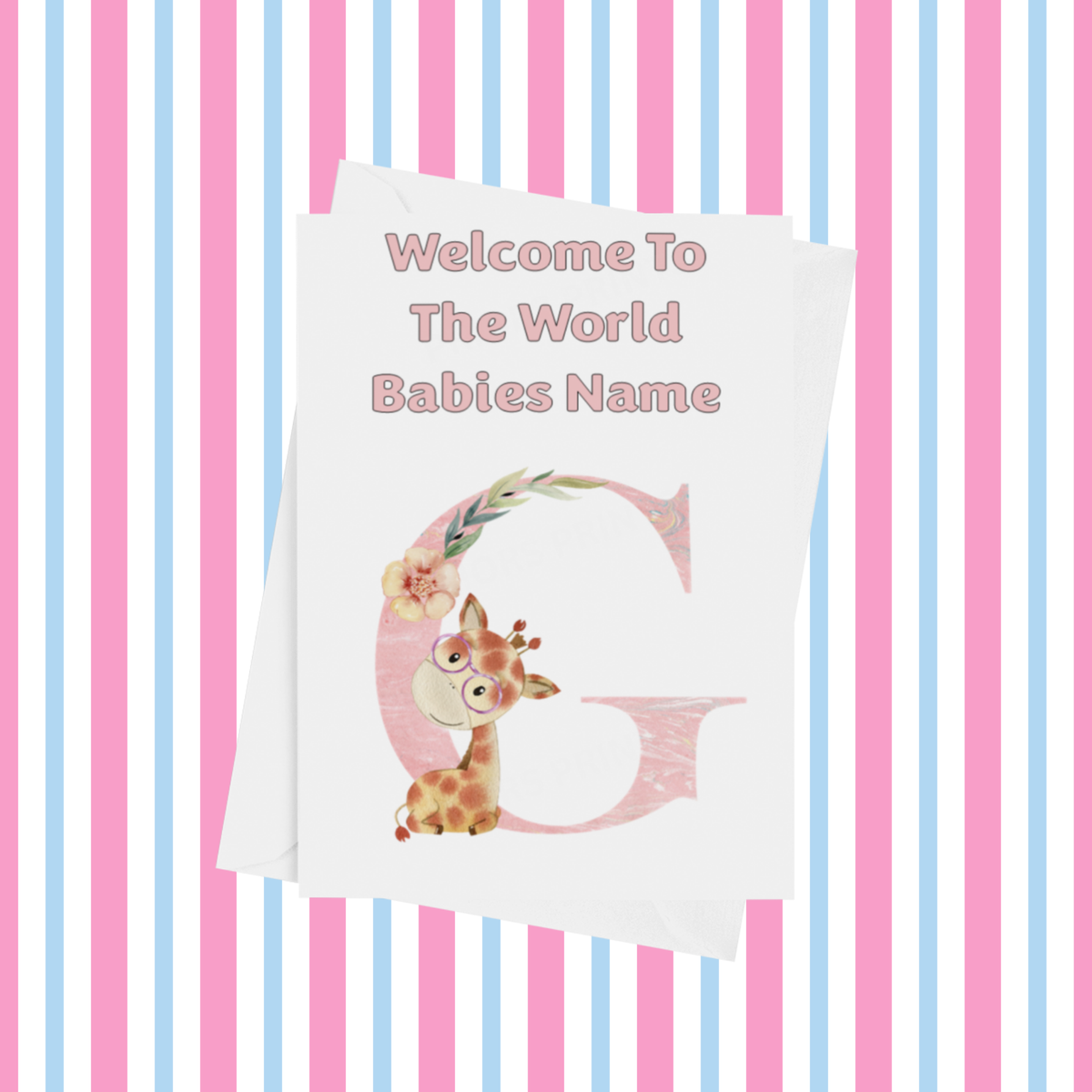 Welcome To The World Giraffe Personalised Card for New Baby in Pink