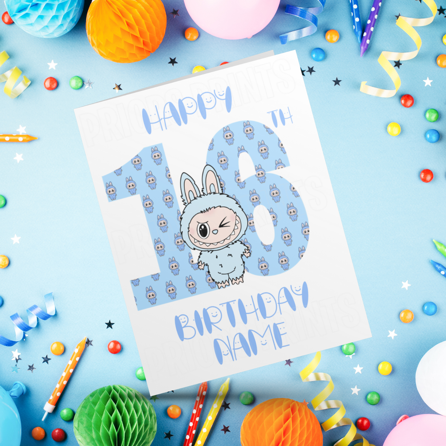 Personalised Labubu Birthday Card with Age 5-20 Years- Blue