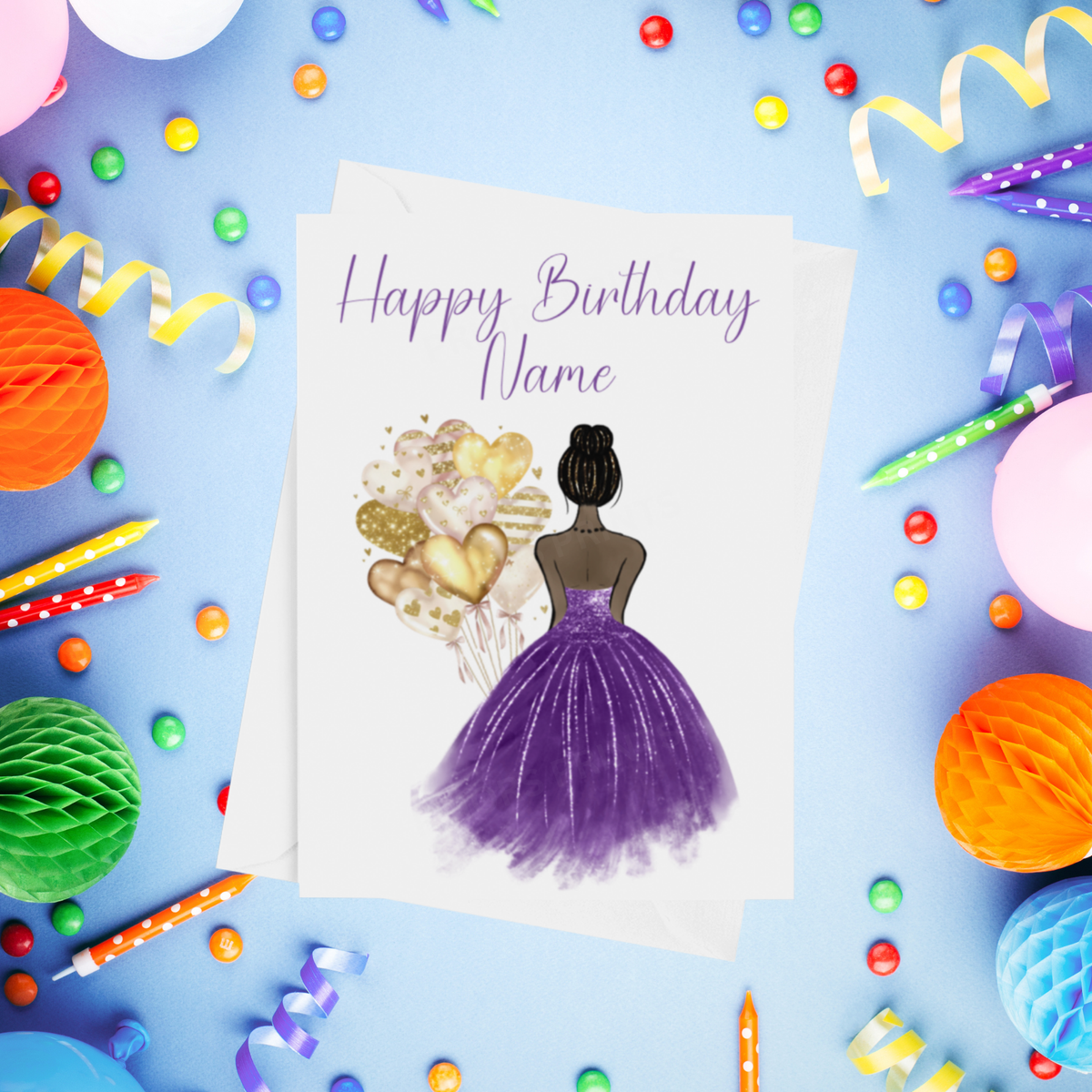 Pretty Dress in Purple Personalised Birthday Card with Choice of Some Skin & Hair Colours