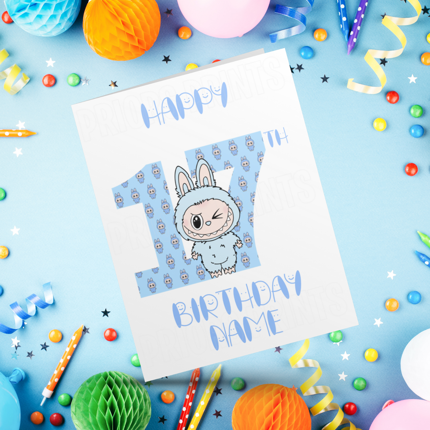 Personalised Labubu Birthday Card with Age 5-20 Years- Blue