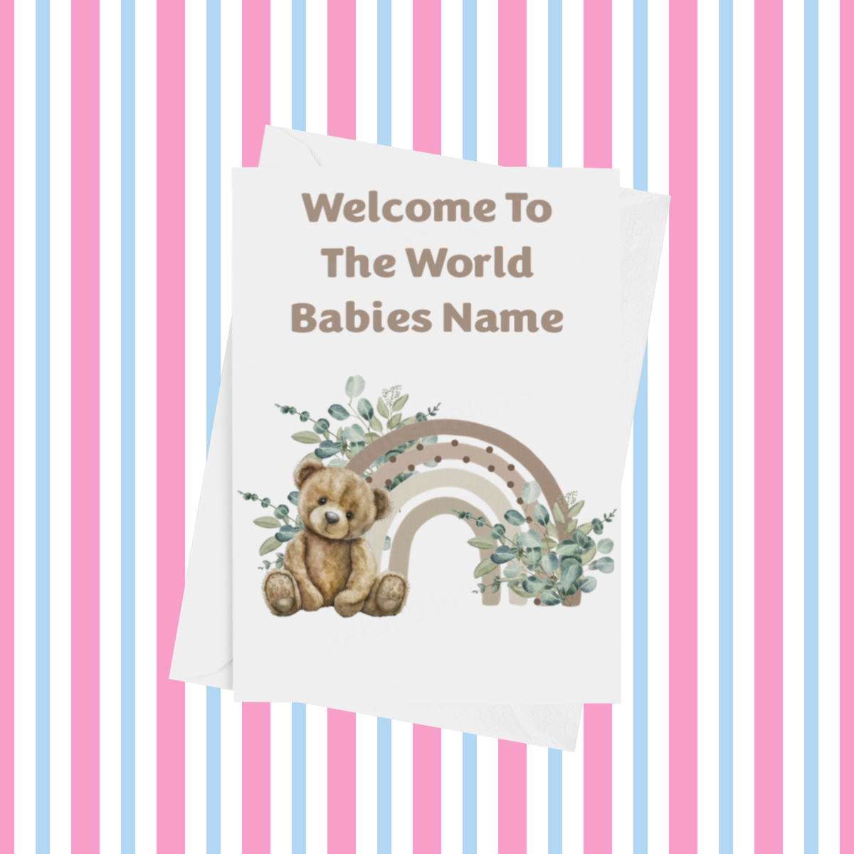 Rainbow Bear Welcome To The World Personalised Card for New Baby