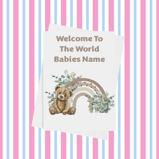 Rainbow Bear Welcome To The World Personalised Card for New Baby