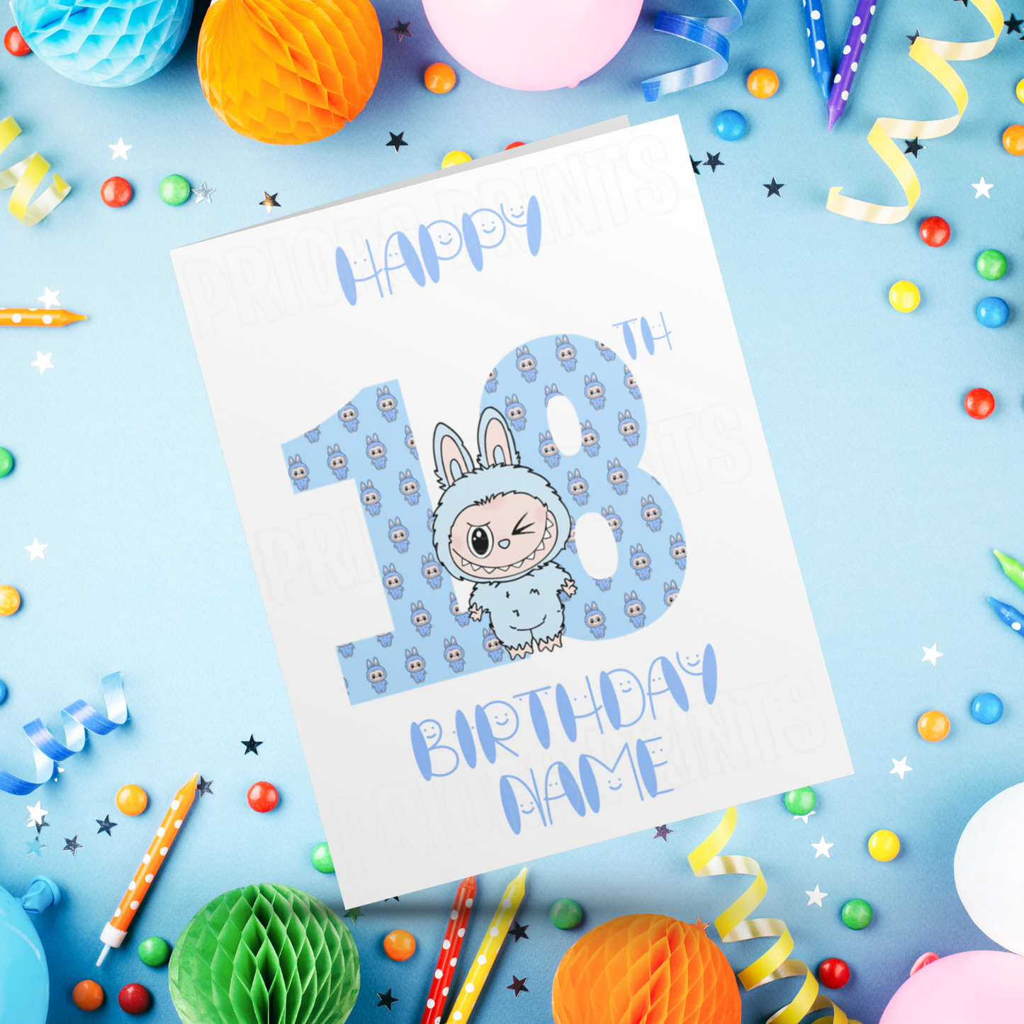 Personalised Labubu Birthday Card with Age 5-20 Years- Blue