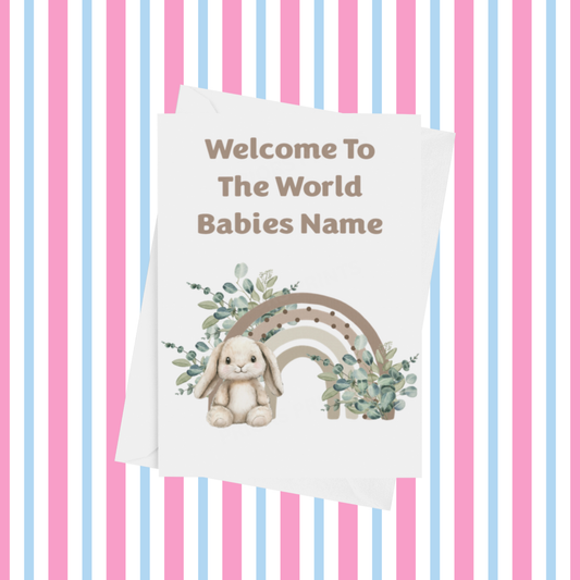 Rainbow Bunny Welcome To The World Personalised Card for New Baby