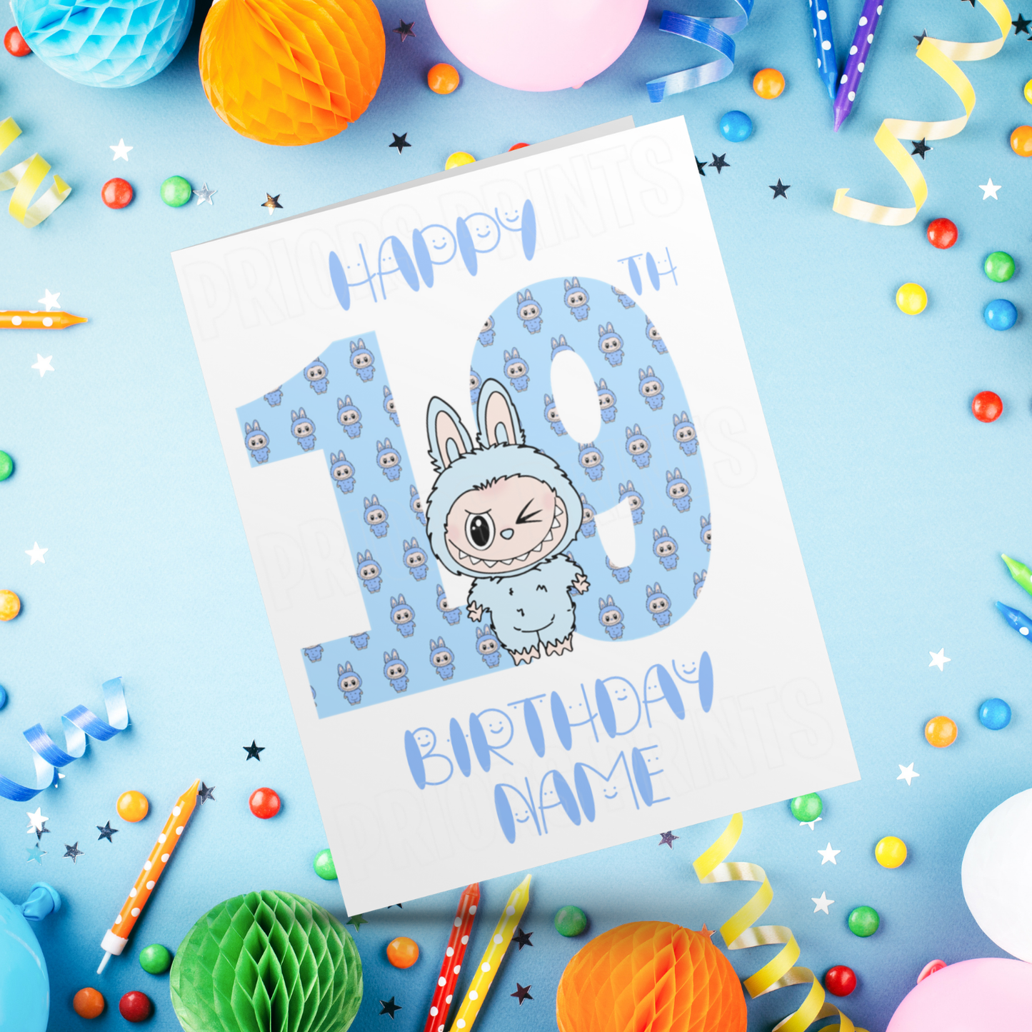 Personalised Labubu Birthday Card with Age 5-20 Years- Blue
