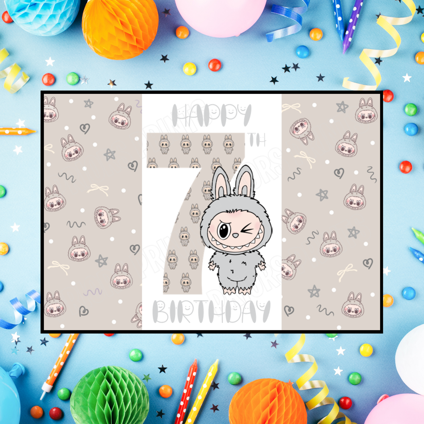 Grey Labubu Birthday Chocolate Bar Wrapper with Age 5-20 Years (Matches Cards)