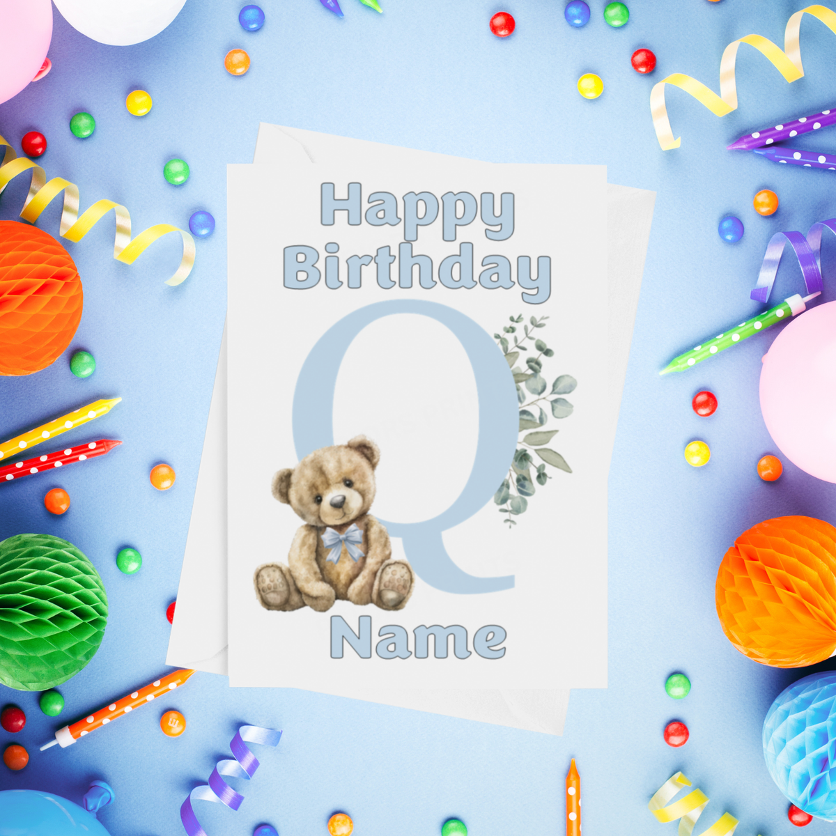 Cute Blue Alphabet Bear Personalised Birthday Card