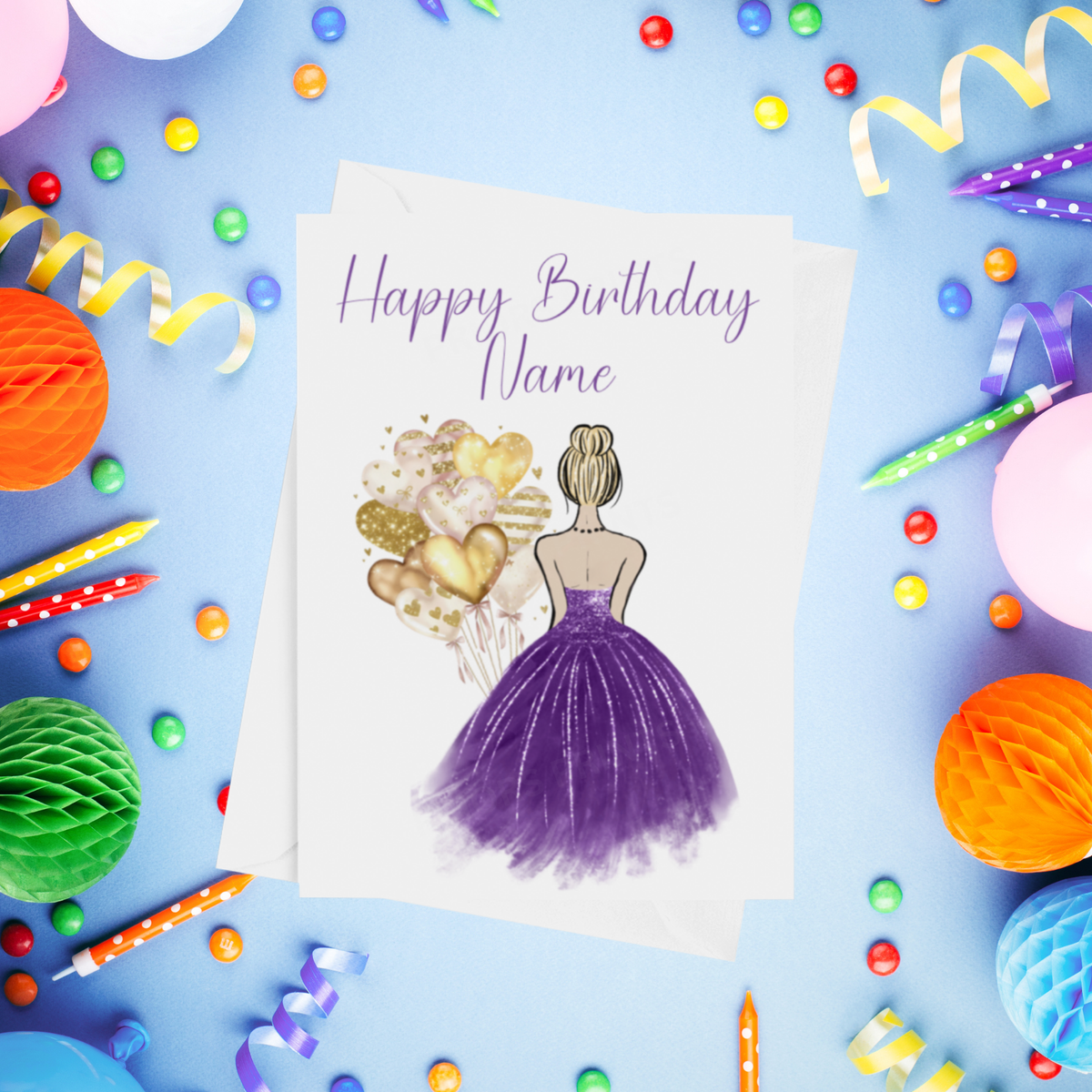 Pretty Dress in Purple Personalised Birthday Card with Choice of Some Skin & Hair Colours