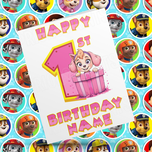 Personalised Pink Paw Patrol Birthday Card with Age 1-9 Years
