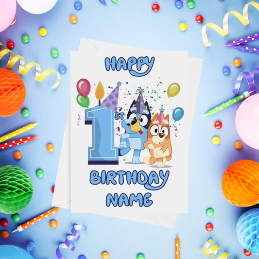 Bluey & Bingo Personalised Birthday Card with Child's Age 1-9 Years in Pink or Blue