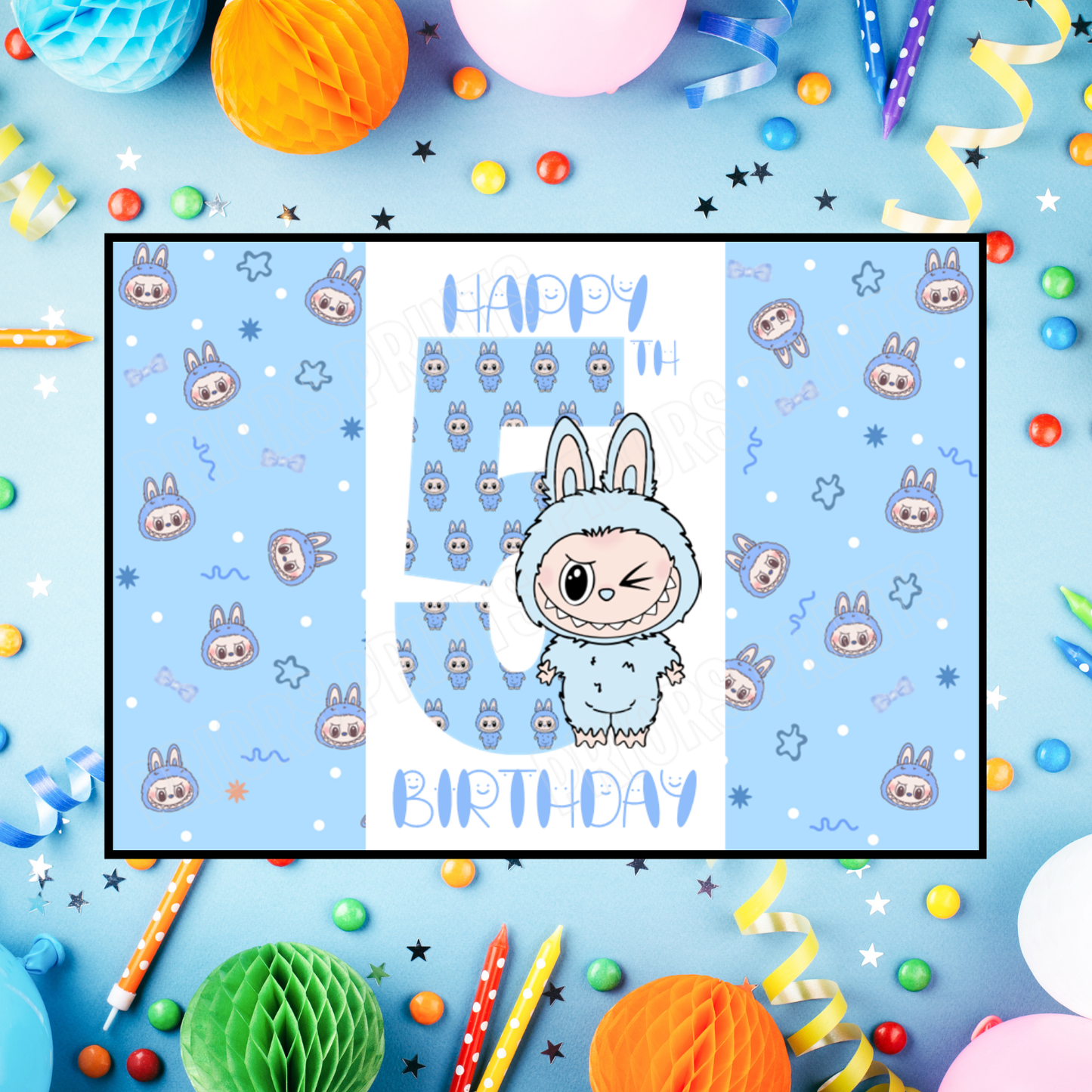 Blue Labubu Birthday Chocolate Bar Wrapper with Age 5-20 Years (Matches Cards)